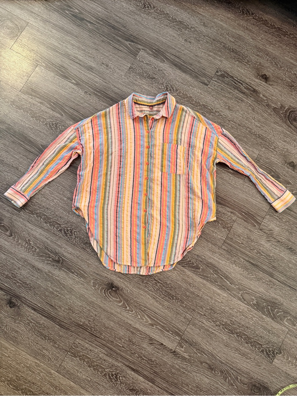 the Pilcro metallic rainbow/pastel stripe oversized button up